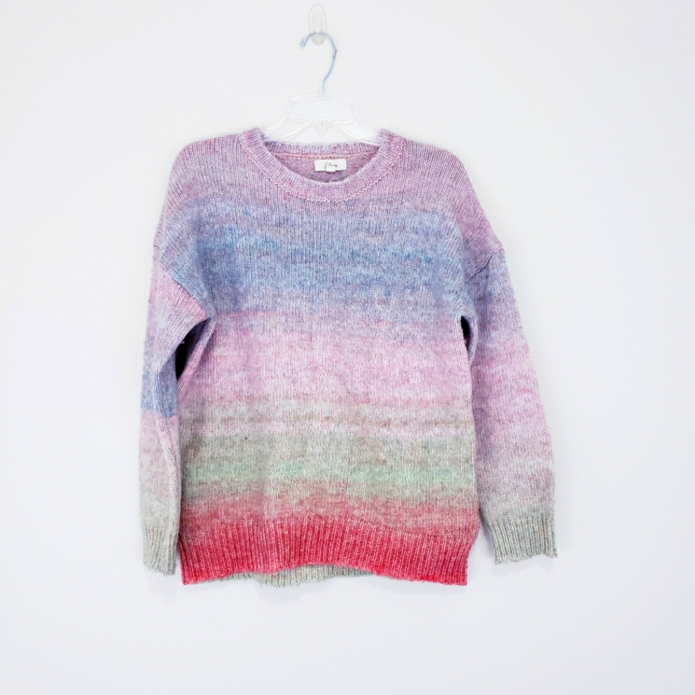 Elan High Low Ombre Rainbow Stripe Multicolor Crewneck Sweater Size Medium